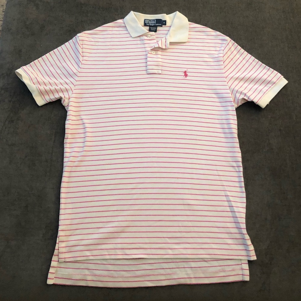 Men’s pink & white stripped polo
